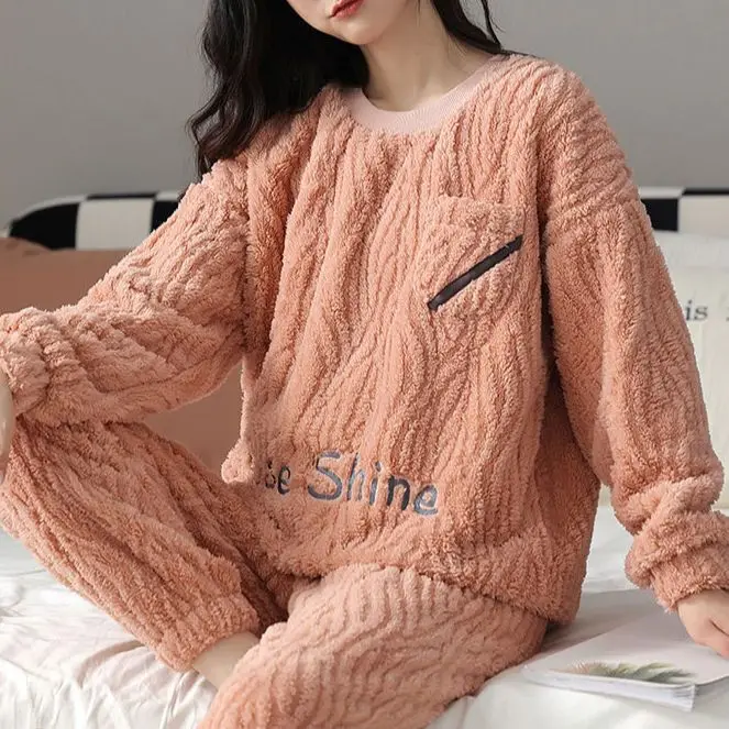 Yasuk Winter Women's Men Casual Warm Soft Sleepwear Pajamas With Pants Velvet Fleecel Couple Unisex Simple Print Thick