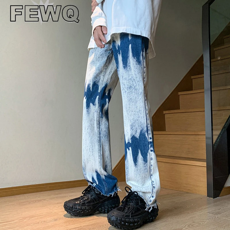 

FEWQ Hip Hop Men Tie-dyed Straight Jeans High Street Personality Contrast Color Male Denim Pant 2023 New Fashion Trousers 9A7101