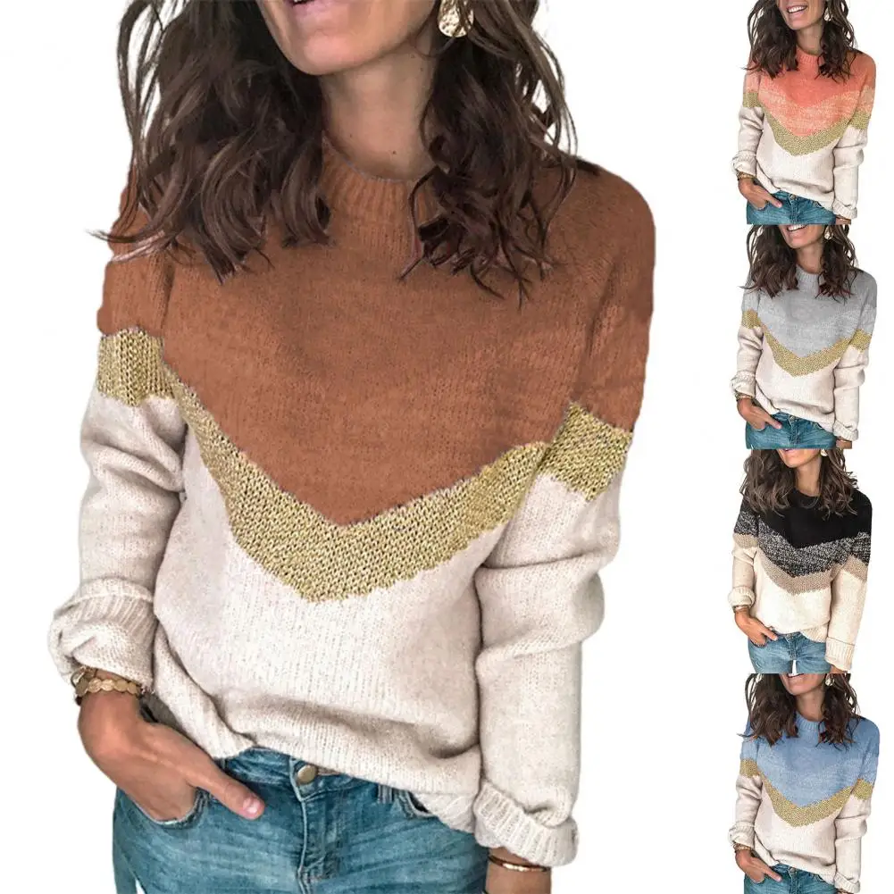 

Long Sleeve Women Knitted Sweater Pullover Loose Fit Knitwear Stripes Patchwork Warm Sweater Jumper Ladies Clothing Tops