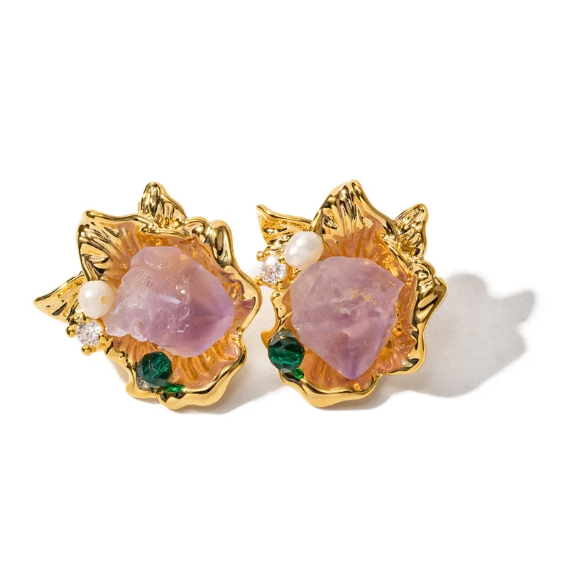 

ALLNEWME Stylish Purple Irregular Natural Stone Freshwater Pearl Flower Dangle Earrings Women 18K Real Gold Plated Brass Earring