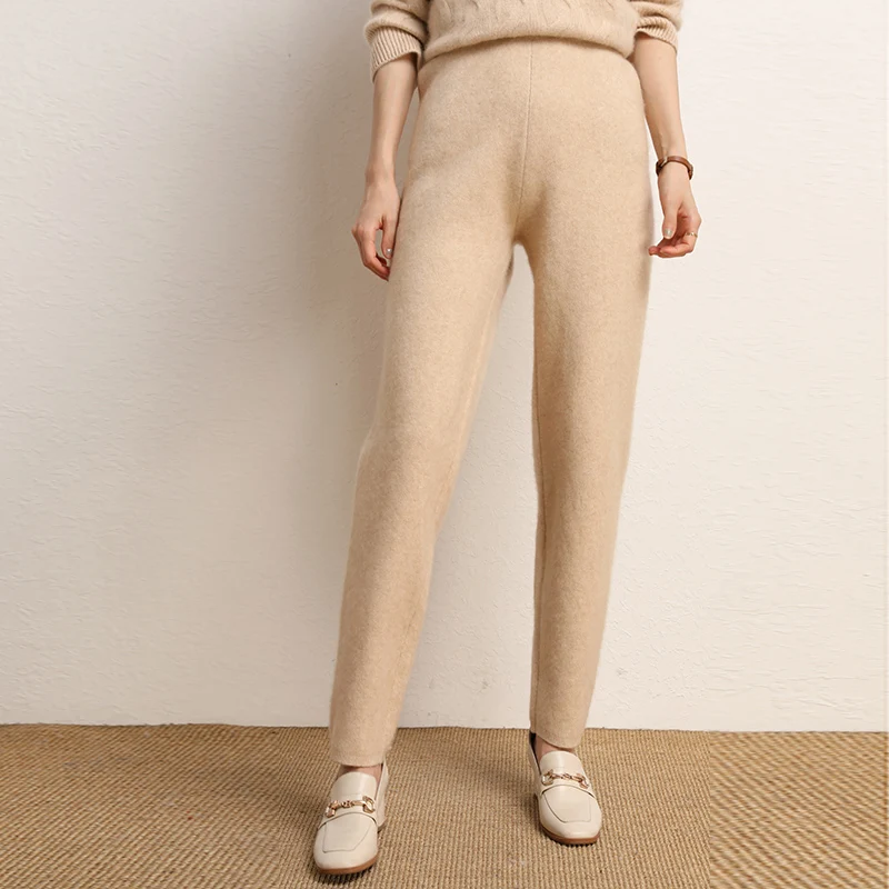 

Women Pants 2022 New Autumn/Winter Soft Comfortable High-Waist 100% Pure Cashmere Knitted Thicken Pants Female Elastic 5 Colors