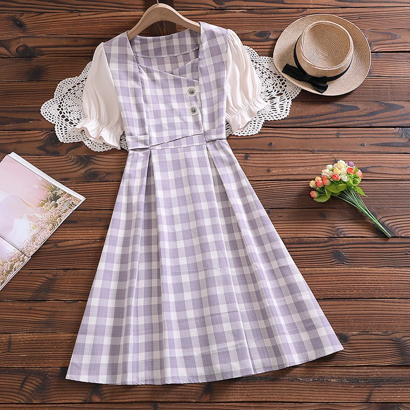 

Mori girl elegant midi vestidos new summer fashion short sleeve women plaid vintage dress