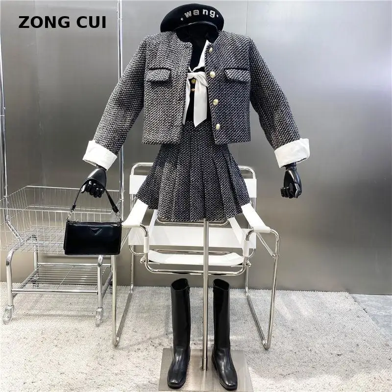 

Black Tweed Mini Skirt Two Piece Set Women 2021 Winter Long Sleeve Jacket + High Waist Mini Pleated Skirt Preppy Style Sweet Set