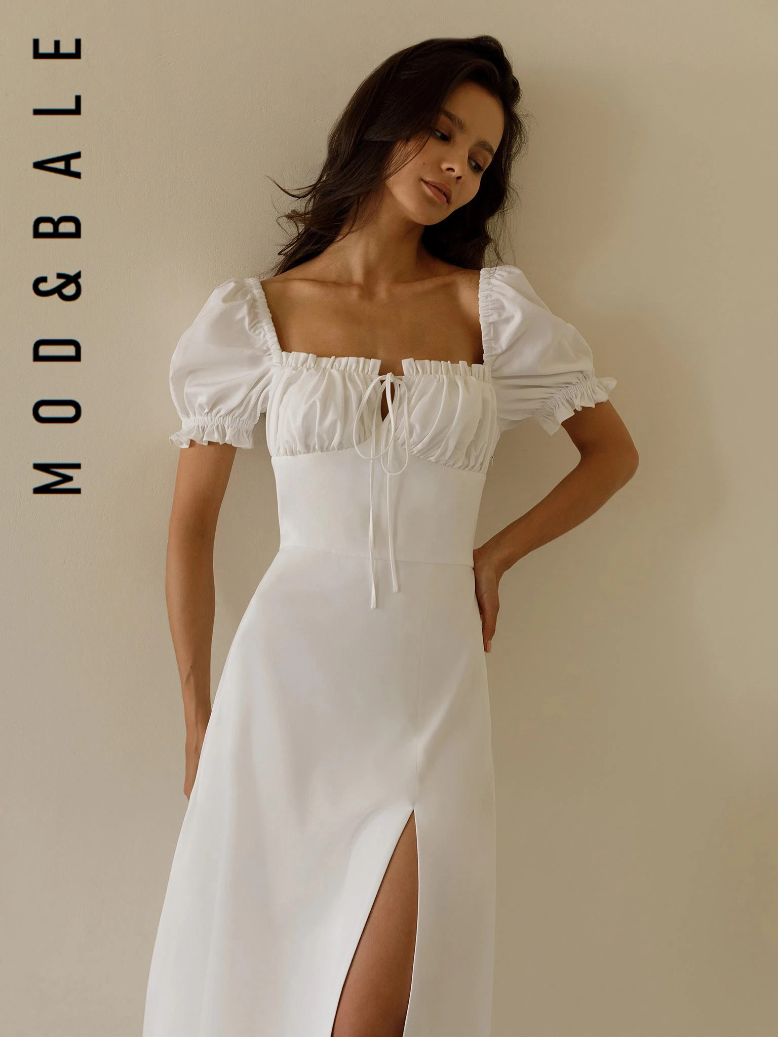 

Solid Color Elegant Ladies Dresses Summer 2022 Sexy Low Cut High Slit Lace Up Midi Dress Fashion Puff Sleeve Party Dress