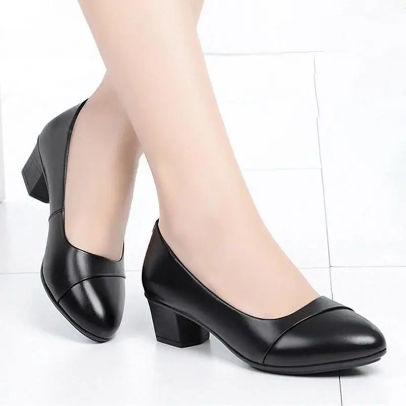 Women Mid Heel Single Shoes Office Lady Pumps PU Leather Black Basic Square Heeled Spring Autumn Loafers Female Zapatos