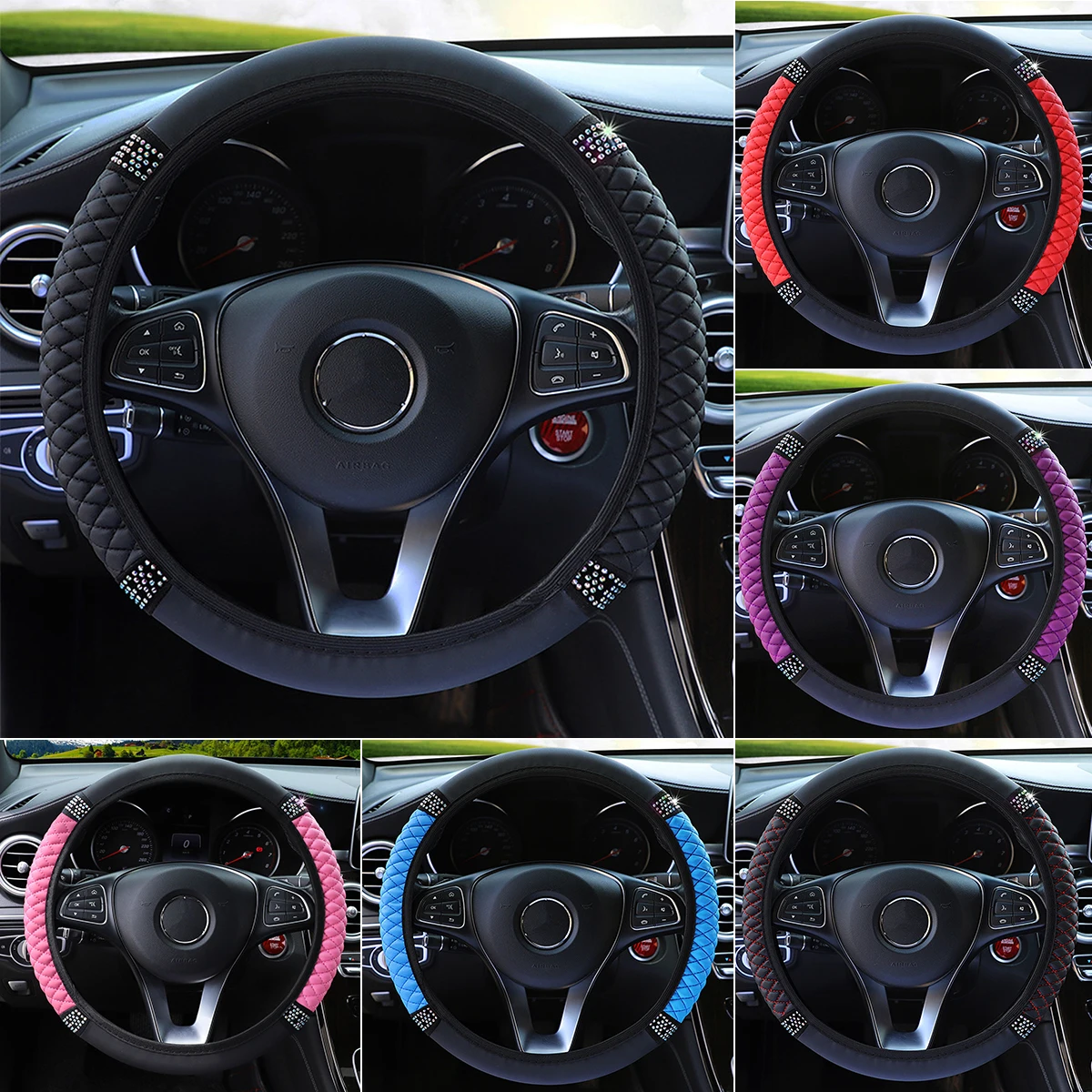 

Car Steering Wheel Cover Set of 3 Anti-slip Steering Wheel Protector with Gear and Handbrake Cover Colorful Rhinestones