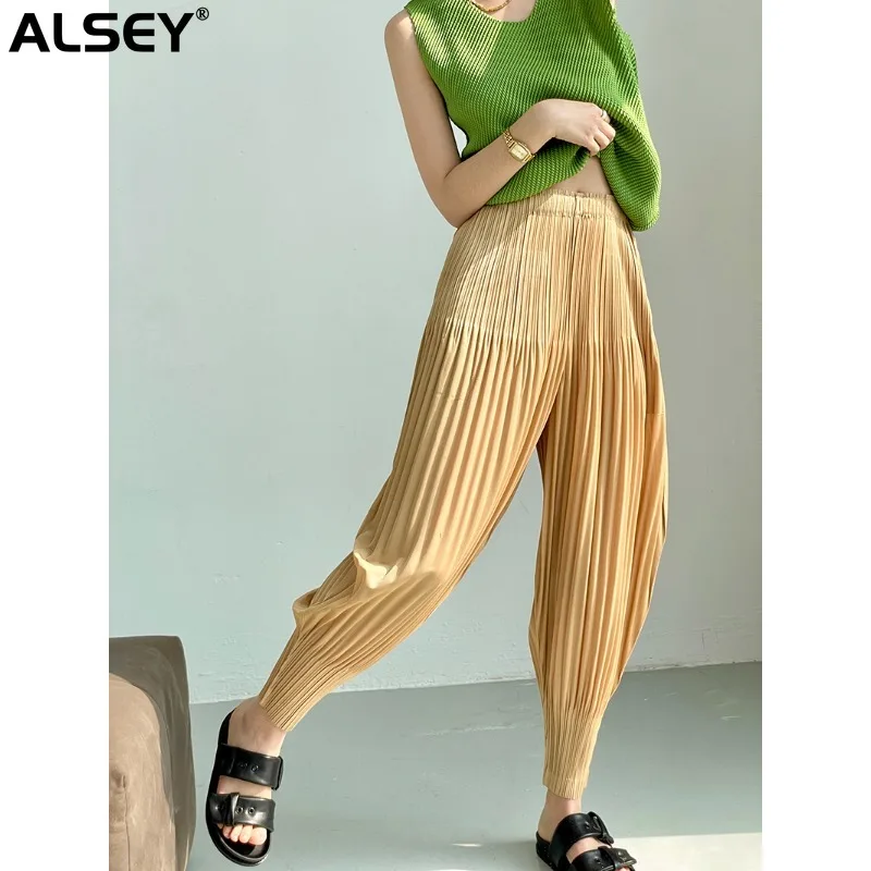 

Брюки-Карандаш ALSEY Miyaeke плиссированные, Модные свободные леггинсы с завышенной талией, тонкие однотонные повседневные штаны-карандаш на завязках, Новинка