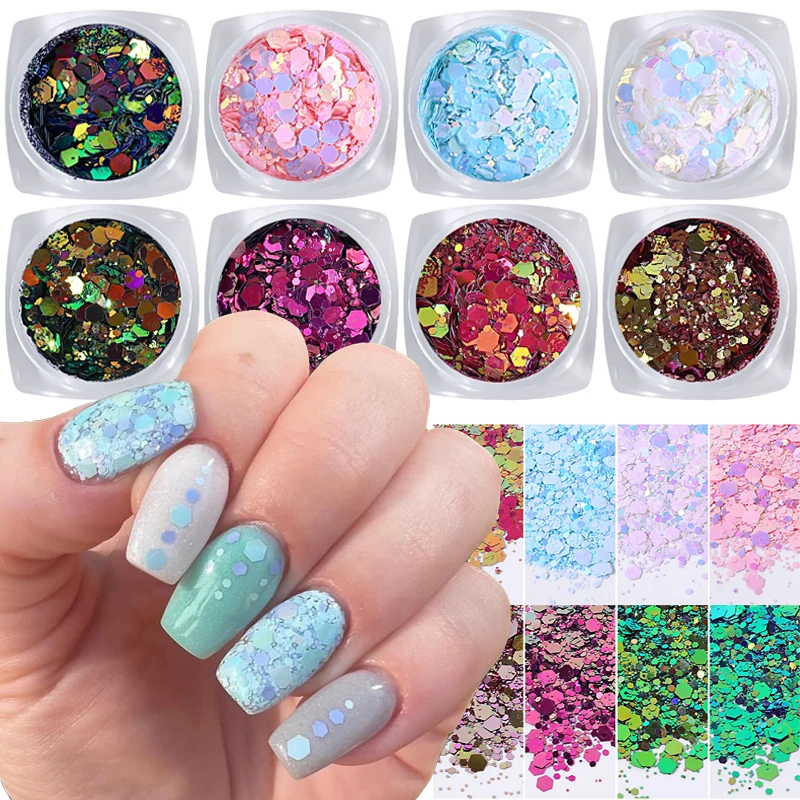 

3D Mixed Hexagon Glitter Sequins Nail Art Holo Iridescent Dipping Flakes Nail Art Powder Holographic Manicure Accessories 1 Box