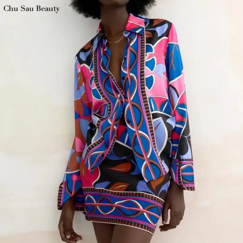 2022 New Za Women Printed Shirt Fashion Lapel Long Sleeve Loose Blouse Mini Skirt Shorts 3 Pieces Casual Versatile High Street