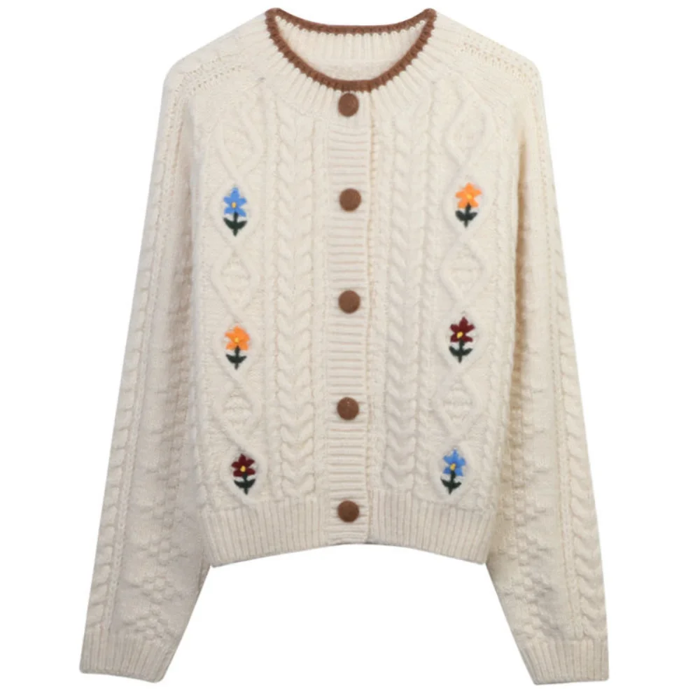 

New Loose Cardigans Women Winter Handmade Sweater Cardigan Floral Embroidery Single Breasted Vintage Knit Jacket Coat Retro