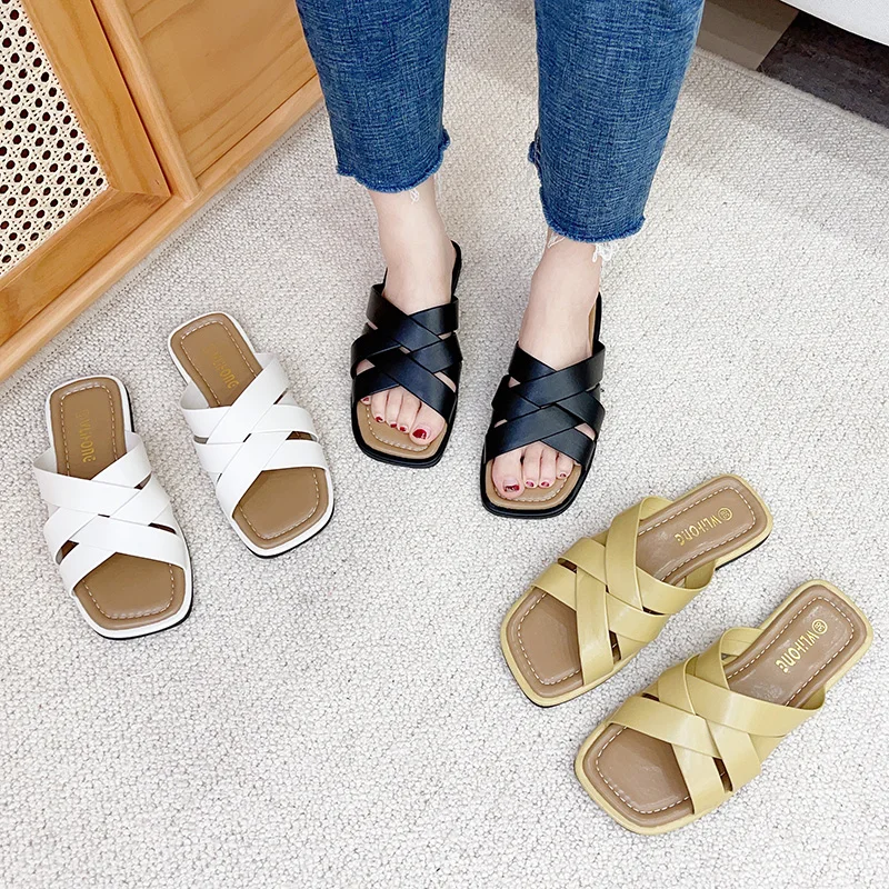 

Shoes Women Slippers Flat Pantofle Slides Fashion Soft 2022 Summer Luxury Basic Cross-tied Retro PU Rubber Slippers Women Summe