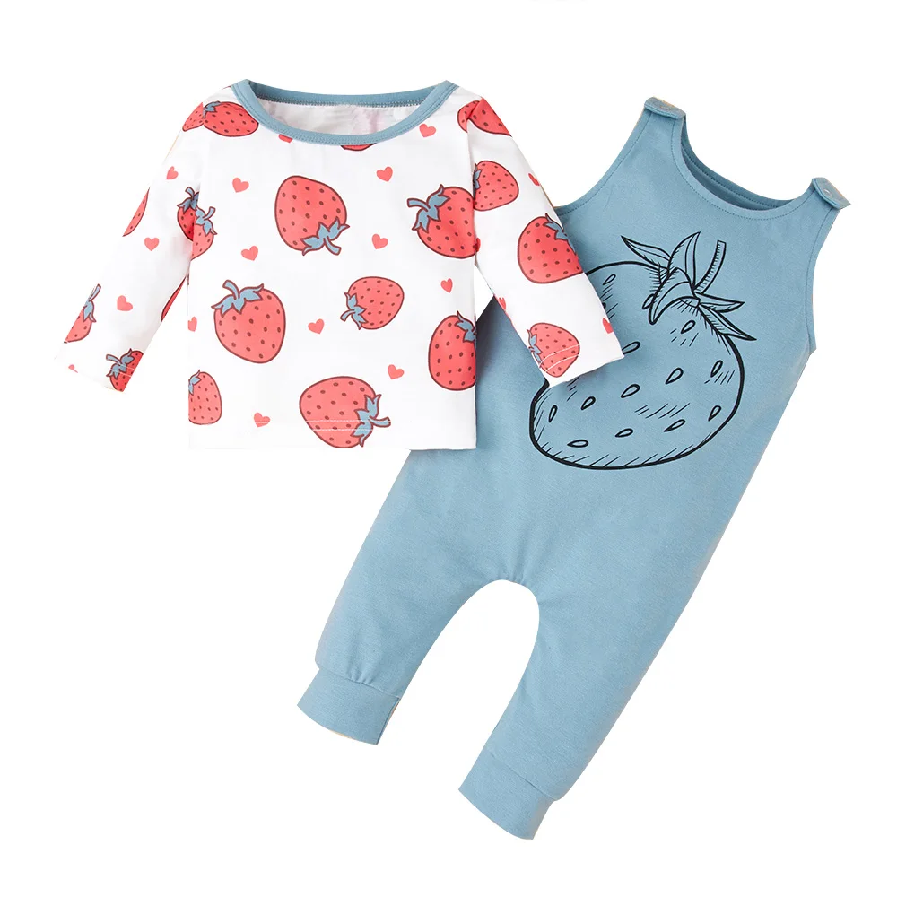 

2 Piece Infant Baby Girls Clothes Pants Set Newborn Long Sleeve Strawberry Print Top Suspenders Jumpsuit Autumn Winter Outfits