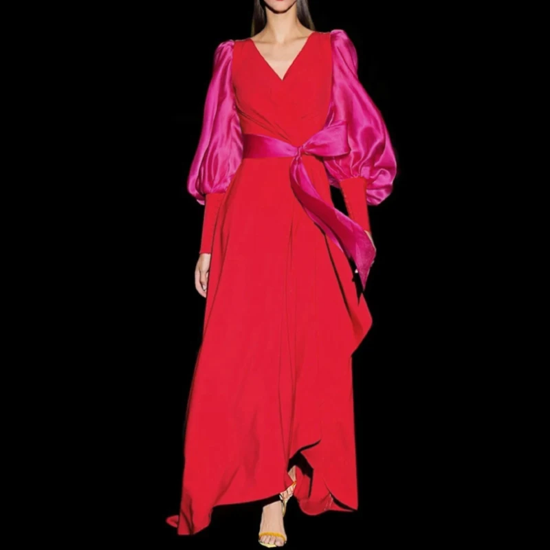 Runway Designer Dress 2022 Spring Autumn Vintage V-neck Lantern Sleeve Red Dress Womens High Quality Vestido Feminino