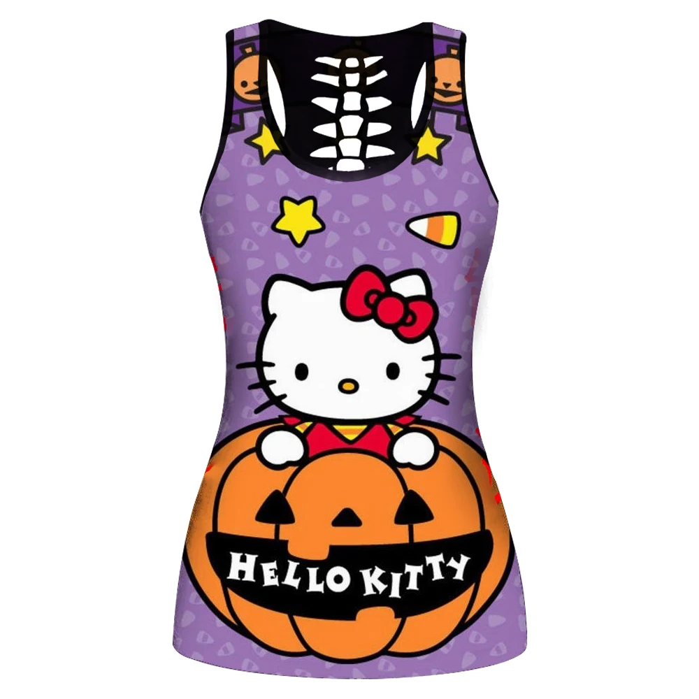 

New Summer Silk Ladies Suspender U Neck Vest Cutout Design Loose Hello Kitty T Shirt y2k Sleeveless Sexy