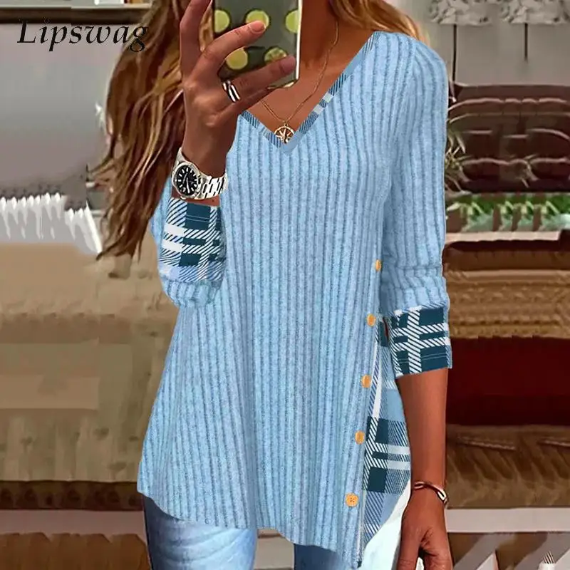 

Женский пикантный Свободный пуловер с V-образным вырезом, топы на пуговицах, Женская винтажная Повседневная рубашка в рубчик, блузки, модные клетчатые блузки в стиле пэчворк