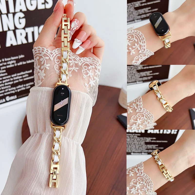 Модный металлический ремешок из искусственной кожи для Xiaomi Mi Band 8 9 женский тонкий