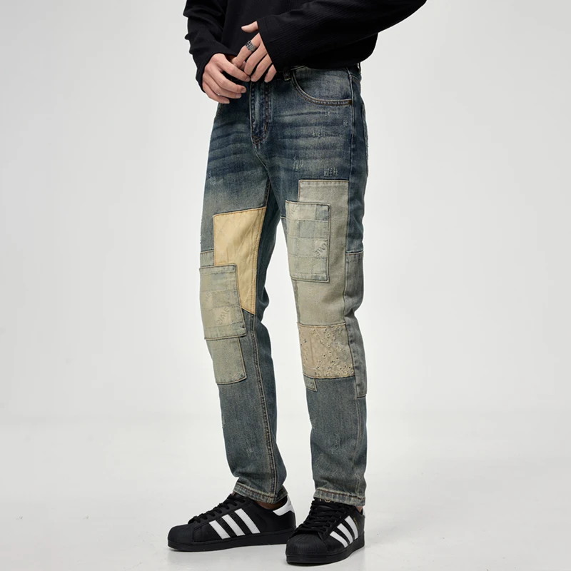 Осенне-зимние модные брендовые джинсы с иглами мужские заплатки облегающие
