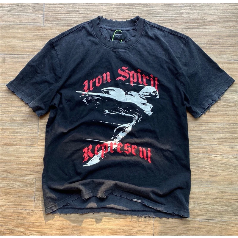 

REPRESENT Short Sleeve Heavy Craft Washing Worn Flying Skull Print 1:1 High Quality Short Sleeve t-Shirt
