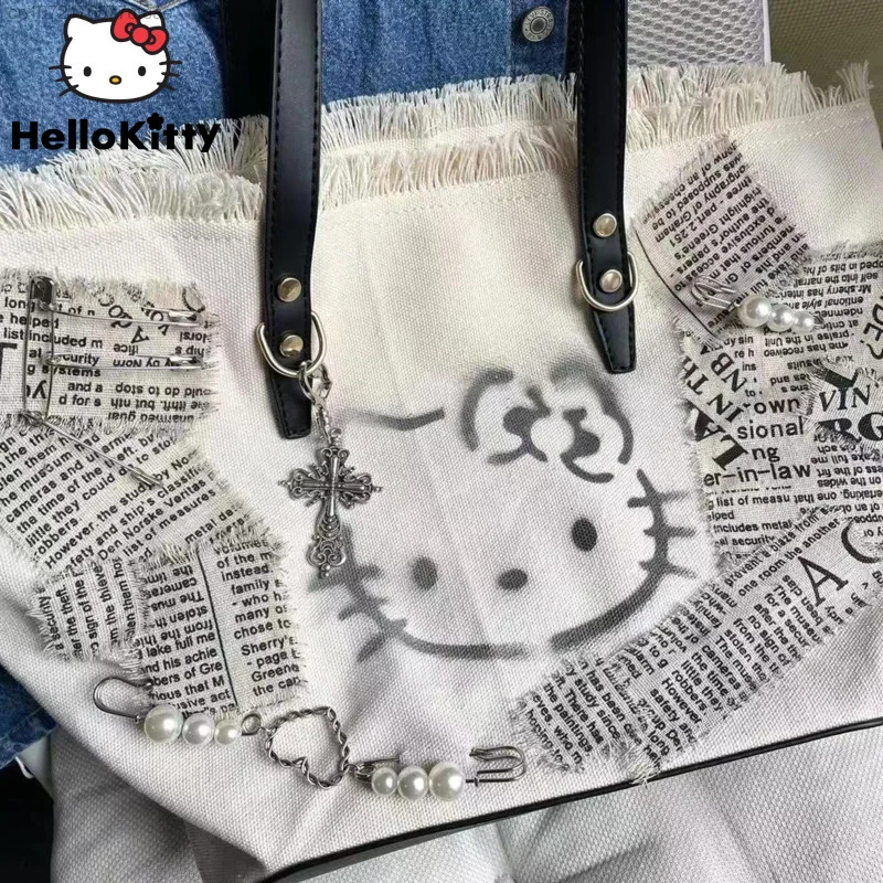 Sanrio Hello Kitty Gothic Style Tote Bags For Women Y2k Canvas One Shoulder Bag Casual Trendy Vintage Crossbody Bag Harajuku Bag