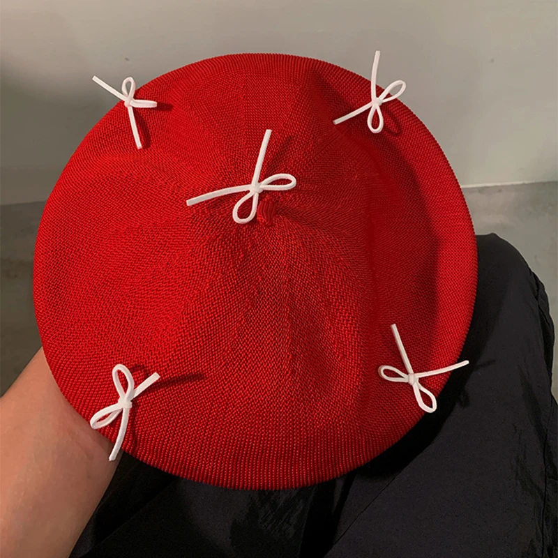 Осенне-весенние вязаные береты с милым бантом для женщин тонкие полые дышащие