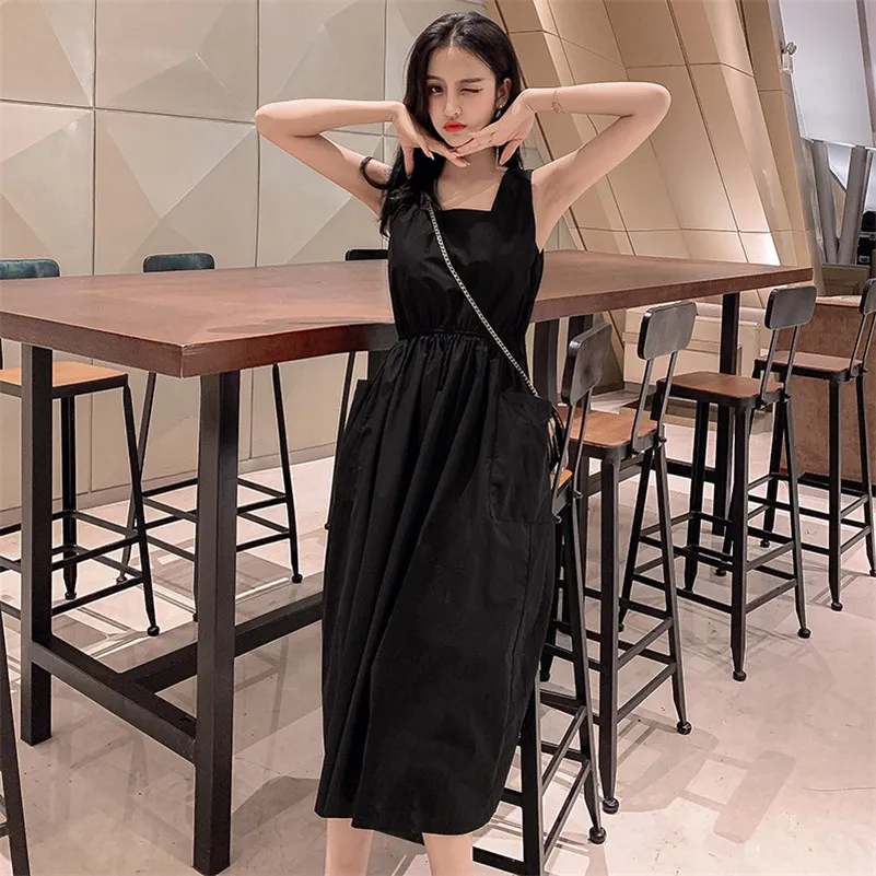 

2023 New Summer Women Cotton Linen Dress Normcore Holiday Square Collar Pockets Long Solid casual Dress Vestidos Elastic Waist