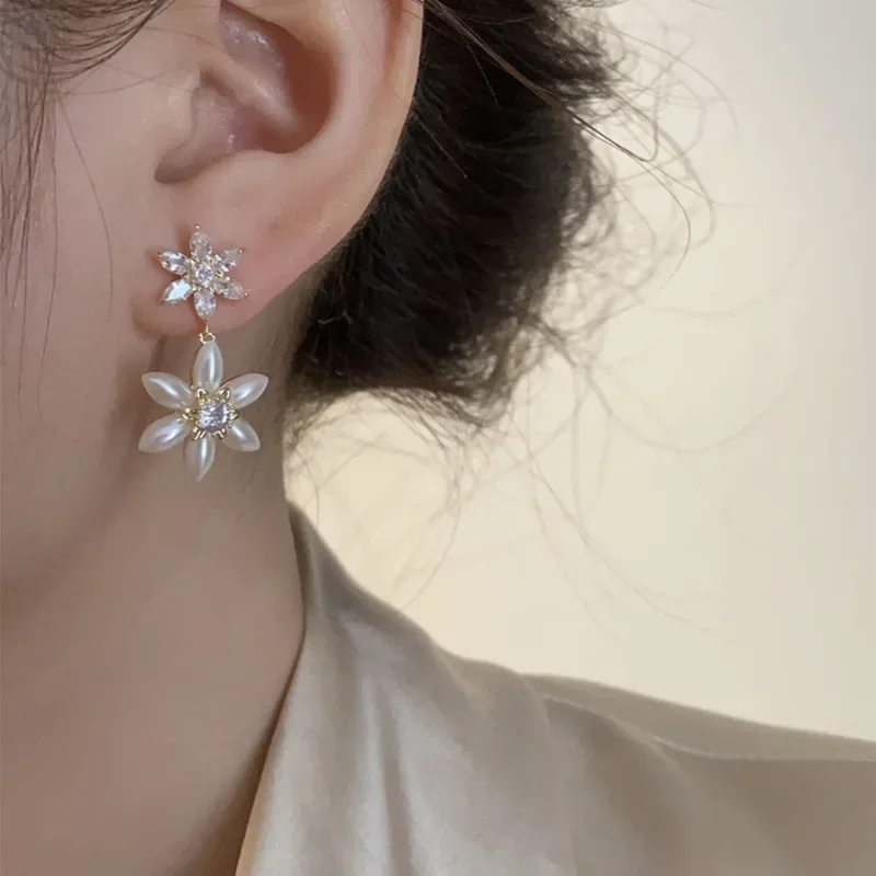 Супер роскошные женские серьги-кольца с цирконием дизайн цветком и жемчугом