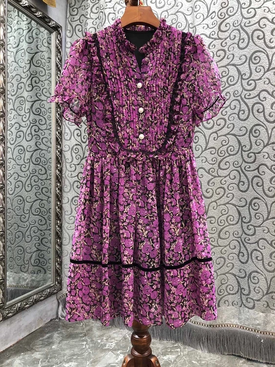 

2022 new women fashion print floral slim short sleeve chiffon skirt simple dress 510
