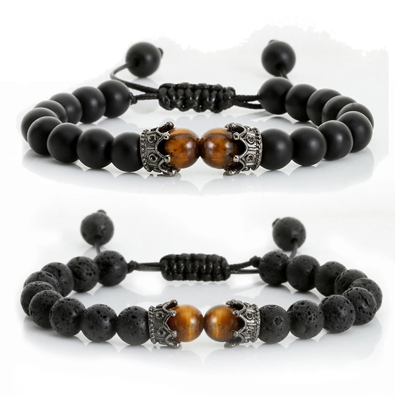 

Black Lava Stone Crown Charm Tiger Eye Beads Bracelet For Men Women Braided Bracelets Handmade Adjustable Jewelry Pulseira