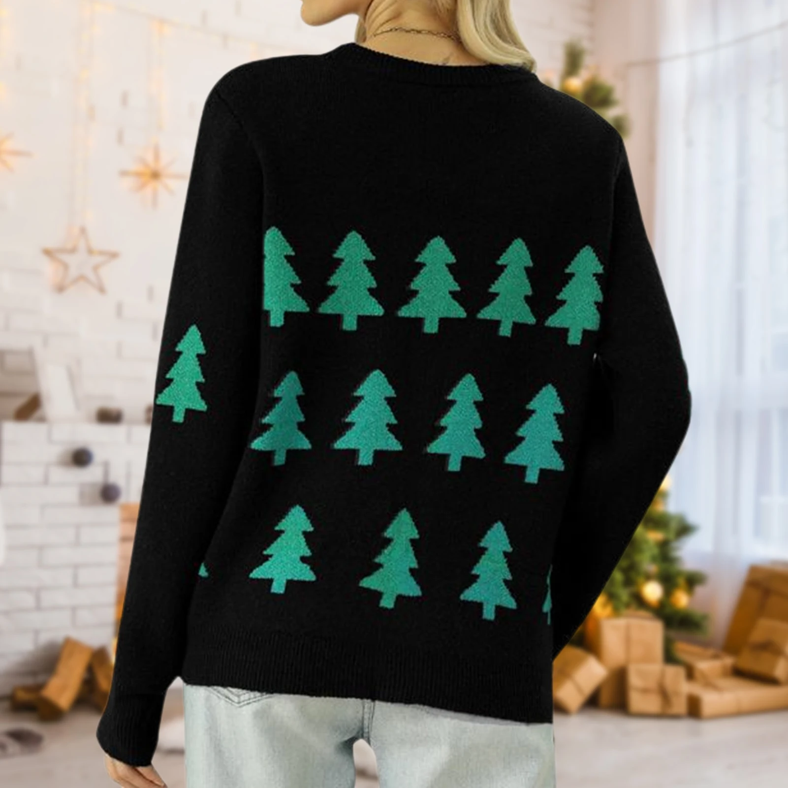 

Женский вязаный свитер свободного покроя, вязаные пуловеры с рисунком рождественской елки, пуловеры с длинным рукавом и круглым вырезом, праздничный стиль, повседневная одежда