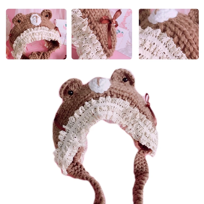 Модная вязаная шапка повязка на голову с милыми медвежьими ушками и кружевной