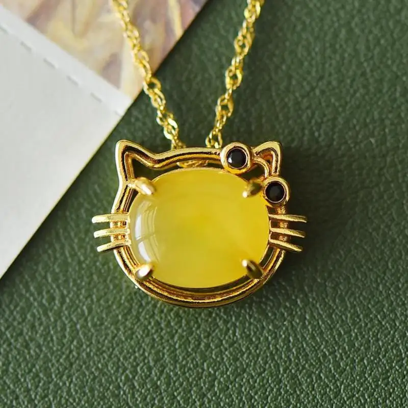 

Natural Amber Cats Charm Necklace Women Healing Gemstone Fine Jewelry Accessories Genuine Baltic Ambers Kitten Pendant Necklaces