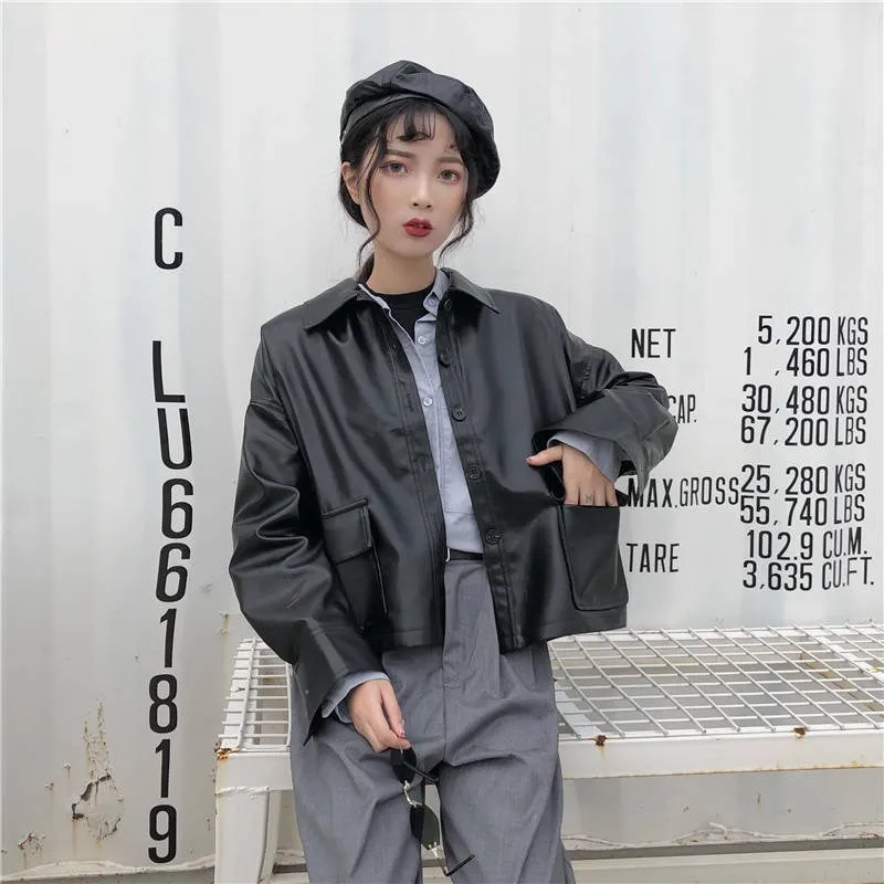Spring  Autumn Chic Vintage Motorcycle PU Leather Coat Loose Student Leather Coat Short Coat Women Short Girl Leather Coat