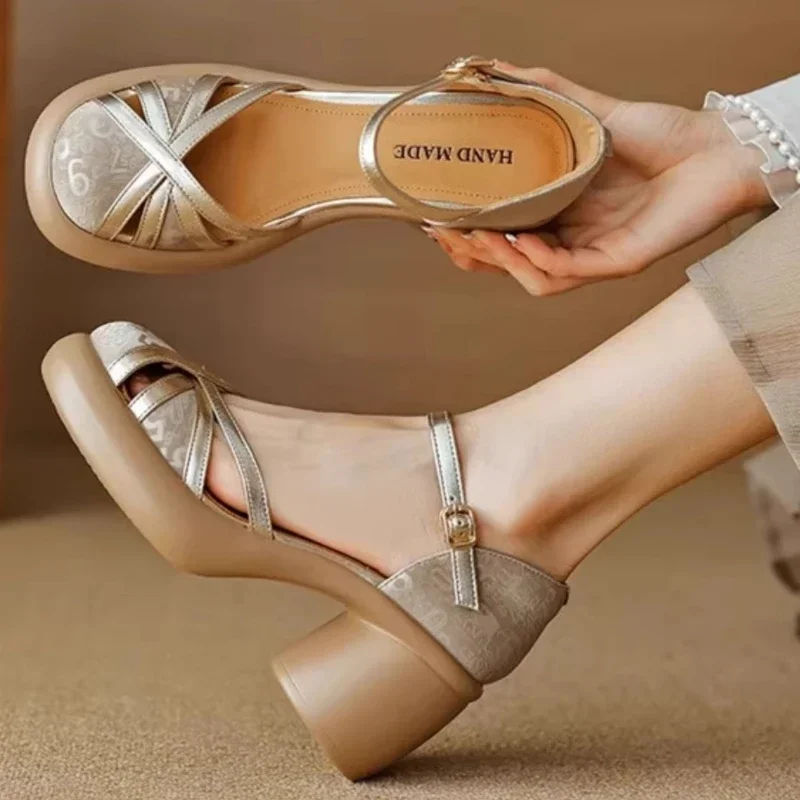 Женские босоножки на высоком каблуке туфли шнуровке с пряжкой и круглым носком