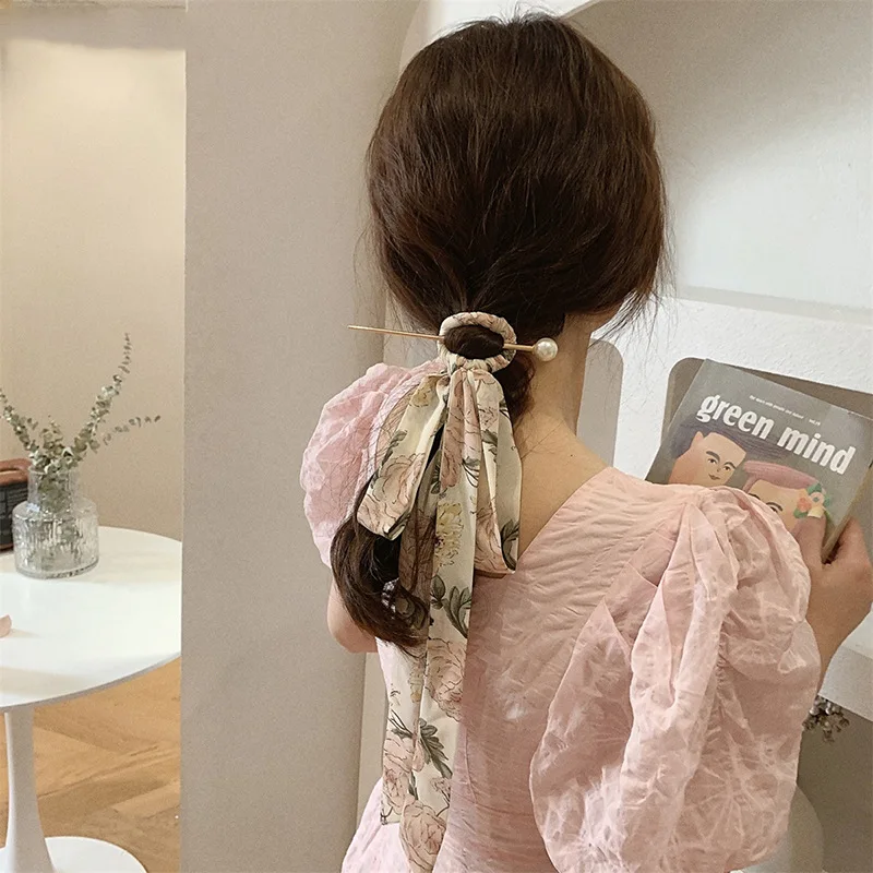 

Korean Girl Streamer Bow Pearl Hairpin French Retro Simple Floral Hairpin Net Red Temperament Hair Accessories Female Women New