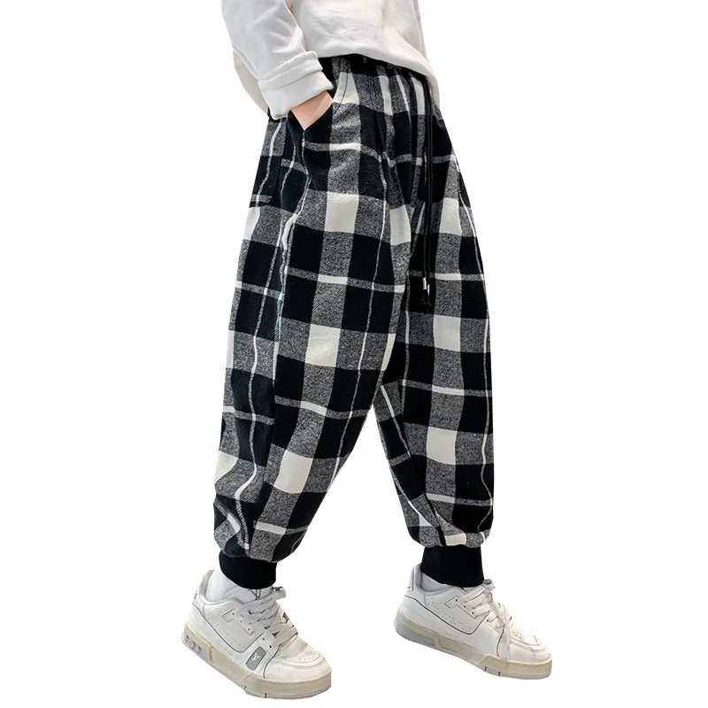 

Весна 2023, детские черно-белые клетчатые брюки для мальчиков, повседневные школьные спортивные брюки для мальчиков, подростковые брюки-карандаш