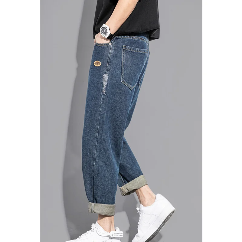 Streetwear Men New Pattern Port Breeze Recreational Blue Pants Straight Cylinder Comfortable Loose Versatile Jeans Autumn Female