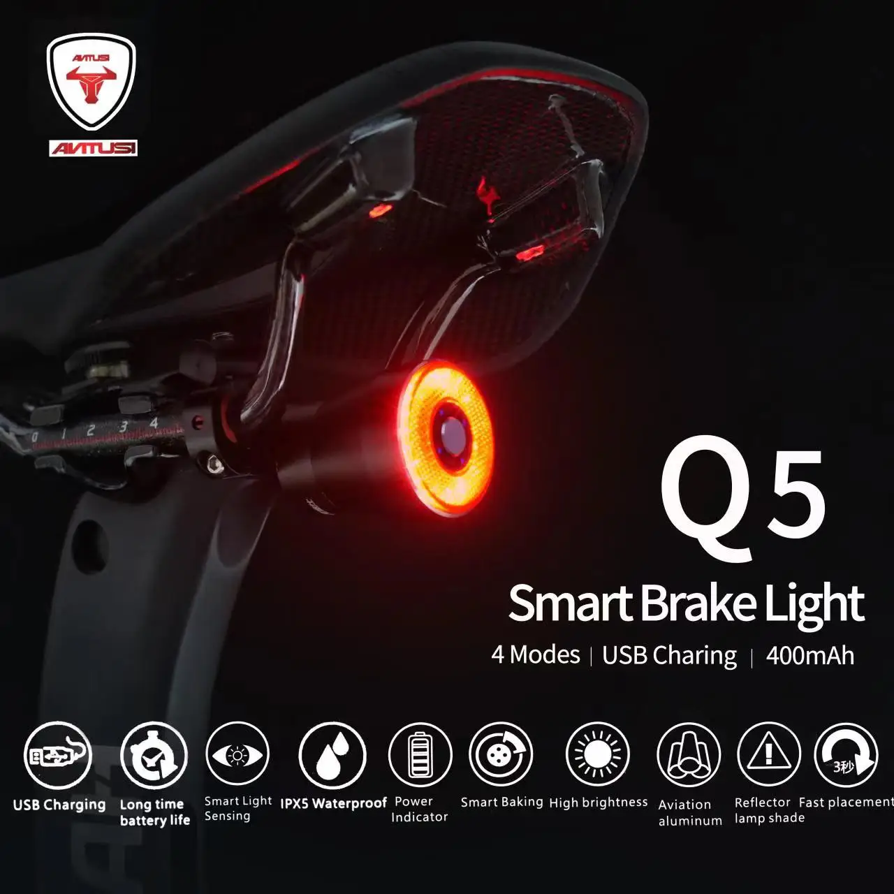 

Bicycle Smart Auto Brake Sensing Light IPx6 Waterproof LED Charging Cycling Taillight Bike Rear Light Accessories Q5