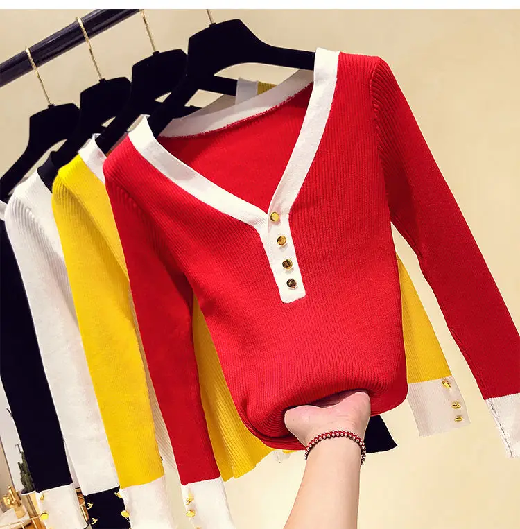 Модное вязаное пальто пуловер на пуговицах женский свитер с низким V-образным