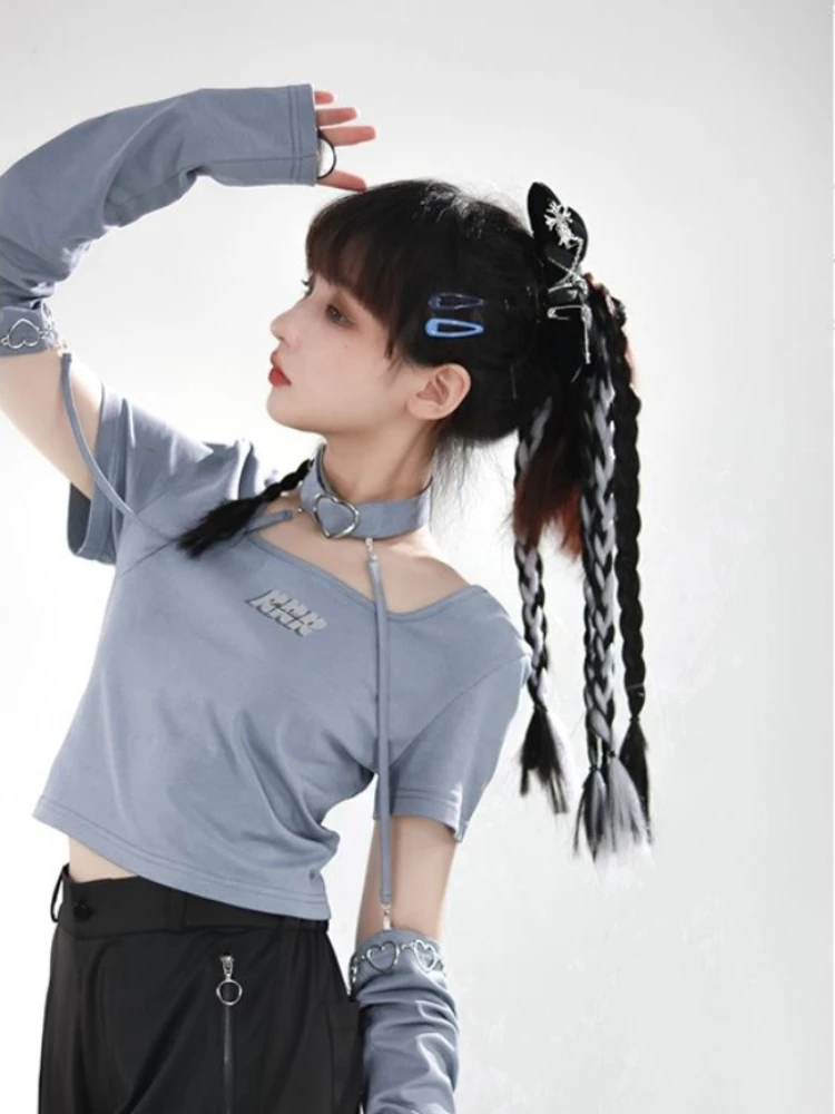 

Square Collar Print T Shirts Short Sleeve All Match Female Slim Crop Tops Summer Punk Gothic Solid Chain Y2k Clothes OverSleeve