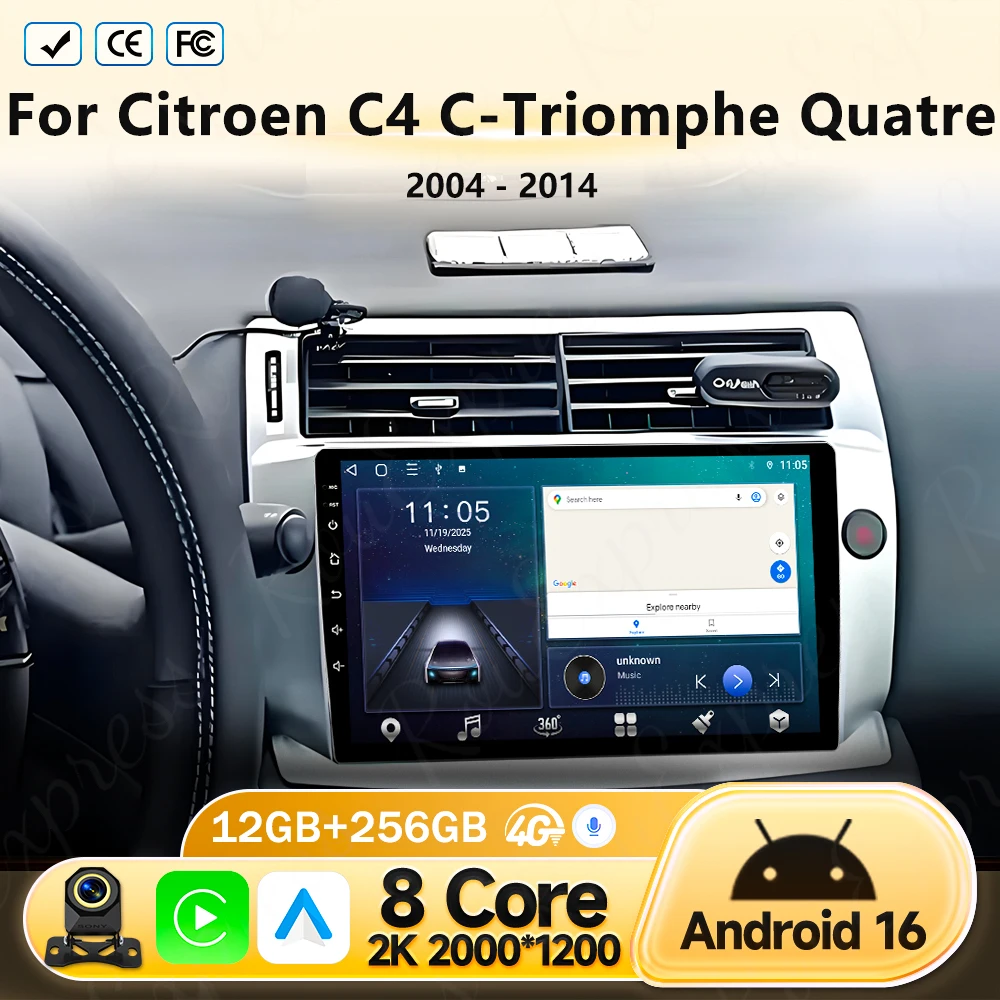 Фото Автомагнитола Android 16 Carplay для Citroen C4 C-Triomphe Quatre 2004-2014, навигация GPS, мультимедийный плеер, стерео, Wi-Fi, 4G, DSP, BT №1