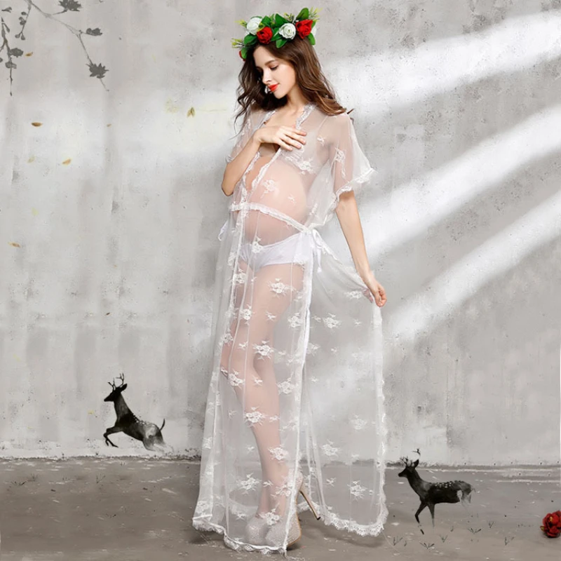 

Pregnancy Lace Tulle Perspective Dress Solid White Maxi for Photo Shoot Maternity Sexy V-Neck Dresses for Baby Showers Dress