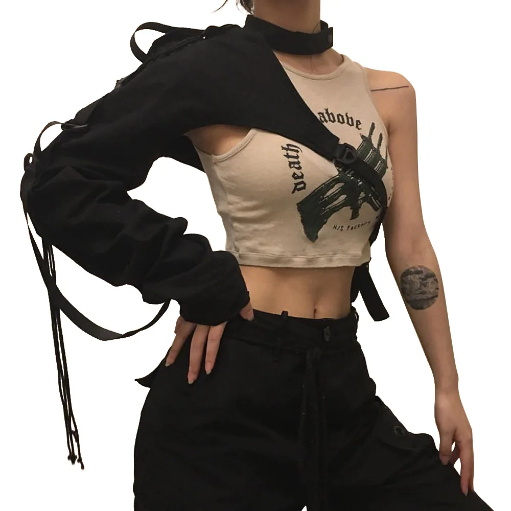 

2022 Spring and Summer New Women's Drawstring Halter Metal Buckle One-shoulder Long-sleeved Korean Fashion Clothing Y2k Top
