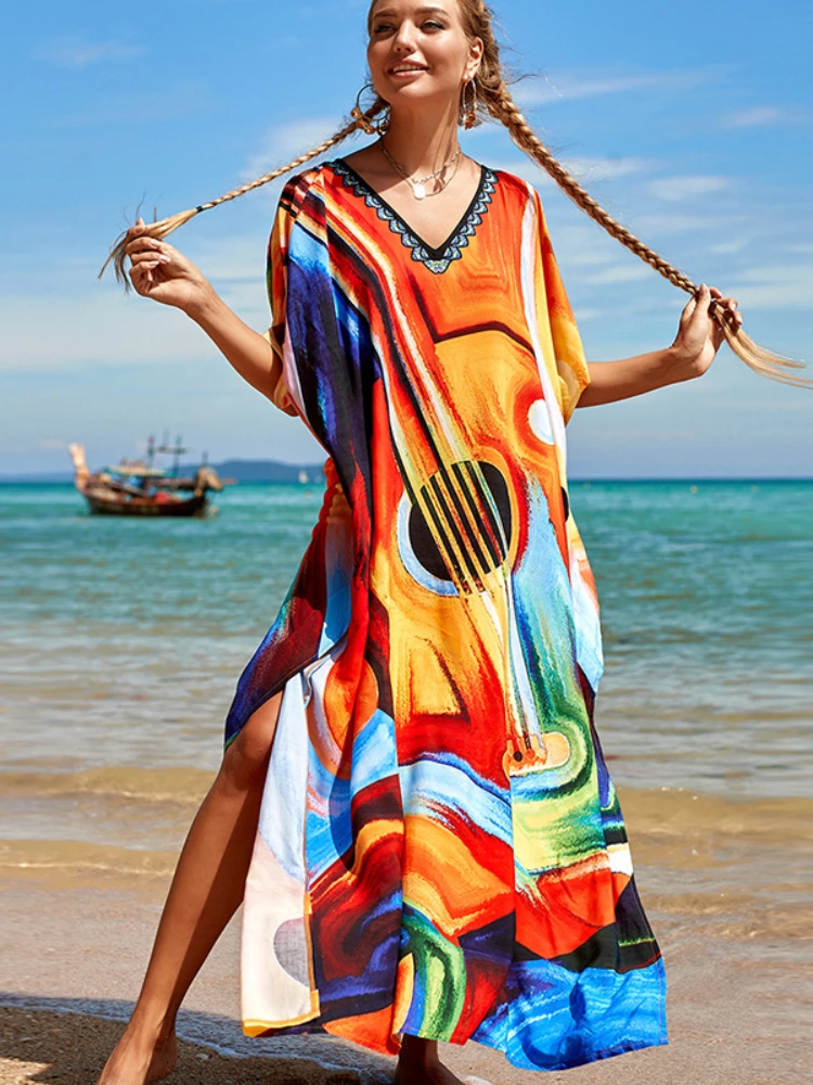 

Bohemian Summer Beach Dresses Women 2023 Printed Swimsuit Cover Up Rayon Kaftan Tunic Beachwear 20 Colors Dropshipping