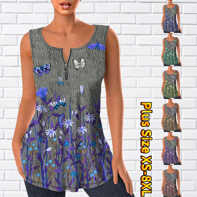 Женская уличная одежда 2023, Повседневная летняя пикантная футболка на молнии, новый дизайн, с принтом, без рукавов, с V-образным вырезом, топ, топ для выхода Женская уличная одежда 2023, Повседневная летняя пикантная футболка на молнии, новый дизайн, с принтом, без рукавов, с V-образным вырезом, топ, топ для выхода