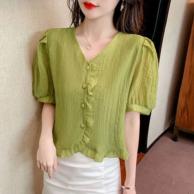 Модные шифоновые рубашки лето 2024 женские корейские топы с v-образным вырезом