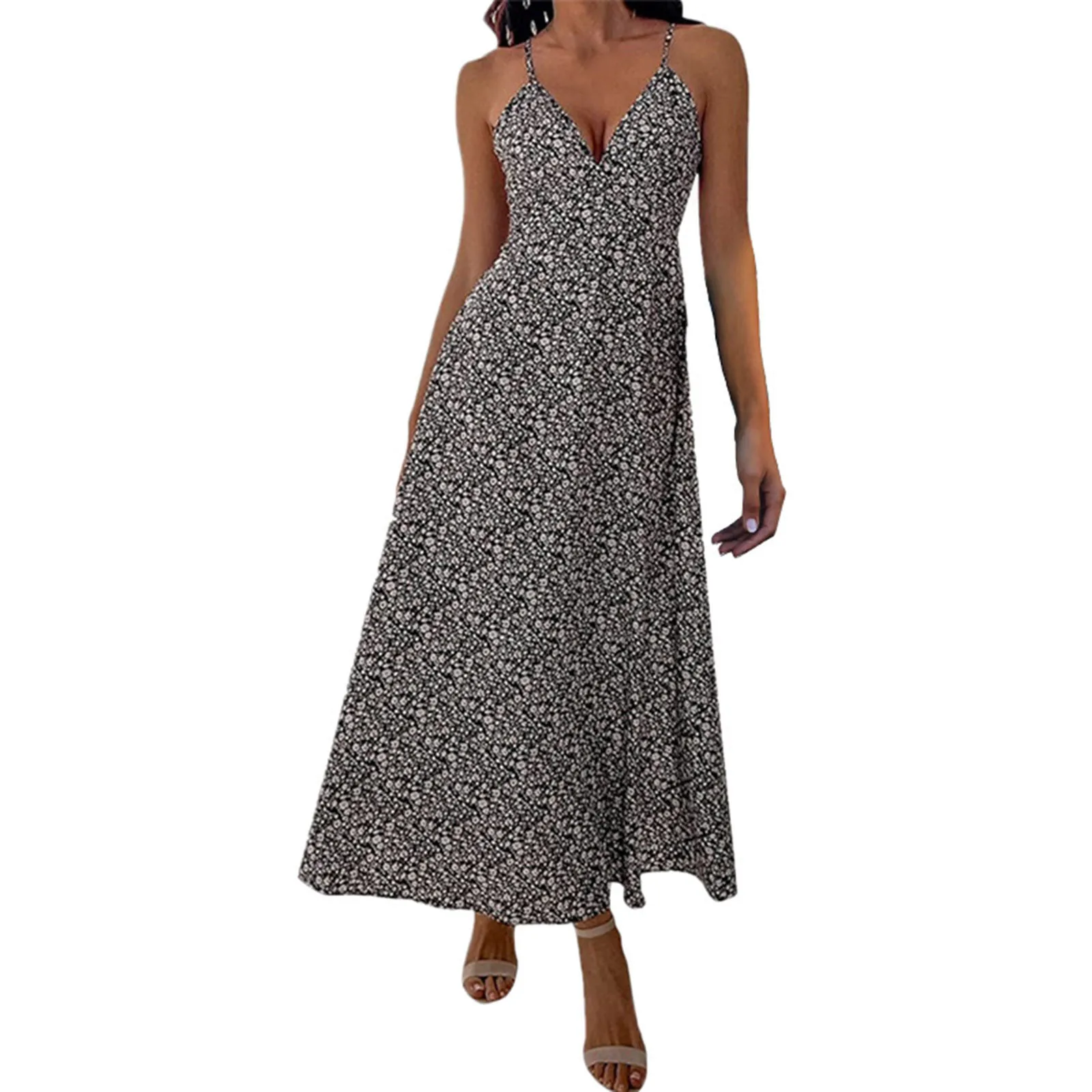 

Женское летнее платье без рукавов с цветочным принтом и V-образным вырезом