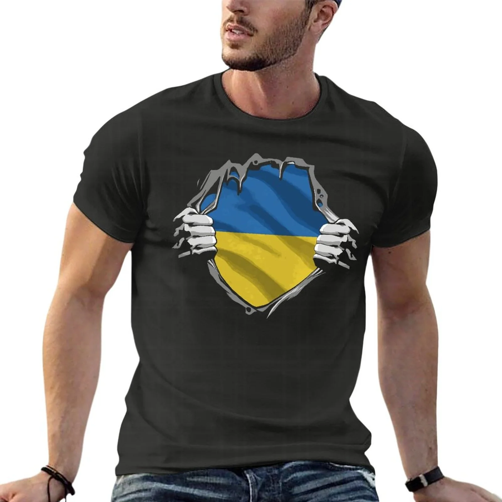 

Ukrainian Superhero Oversized T-Shirt Printed Men's Plus Size Top with Ukrainian Flag Short Sleeve Streetwear T-Shirt
