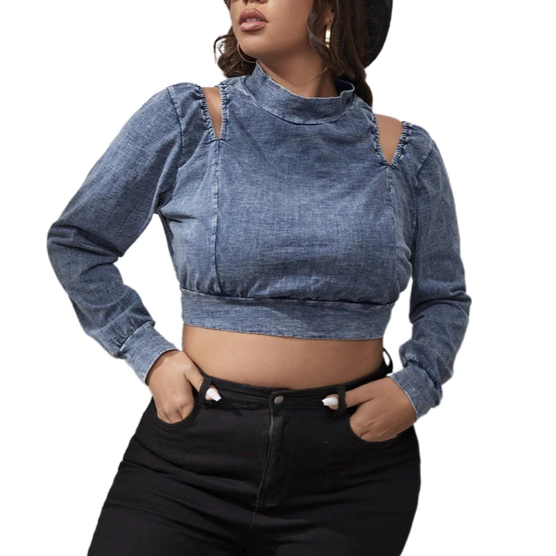 

Plus Size Denim Crop Top Women Spring Autumn Casual Hollow Out T Shirt Sexy Streetwear Jeans Tops Long Sleeve Bodycon Short Tees