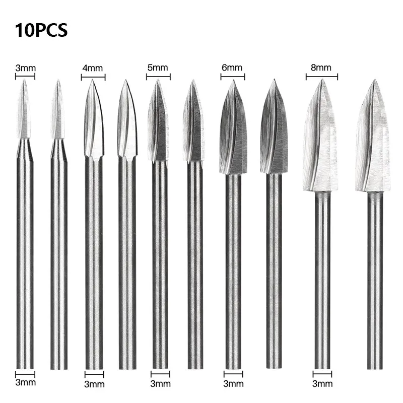 

10 шт., твердосплавные насадки для гравировки по дереву, хвостовик 3 мм, 3-8 мм