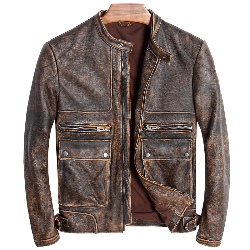 

Vintage Real Leather Coat For Men Old Fashion Cowskin Leather Jackets European and American Style Natural Leather Clothing AA04